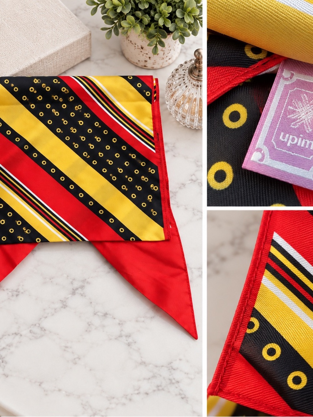 Vintage UPIM Italian Scarf 53” Red Black Gold Geometric Dot Stripe Neck Scarf - Picture 3 of 3
